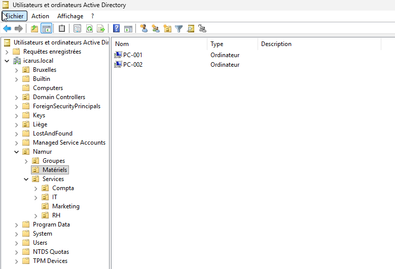 Confirmation de l'appartenance de deux postes Windows 11 au domaine icarus.local.