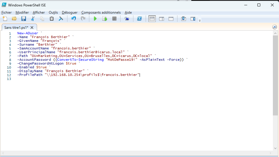 Commandes PowerShell utilisées pour créer un nouvel utilisateur
