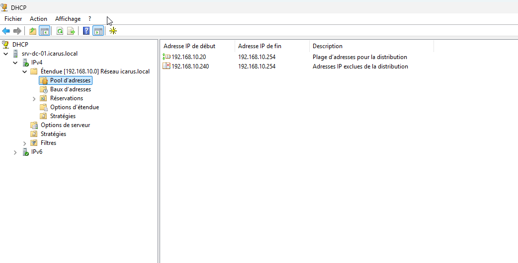 Console DHCP montrant le serveur et l'étendue configurée.
