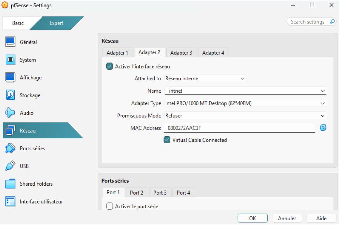 Configuration des interfaces réseau de la machine virtuelle pfSense dans VirtualBox.